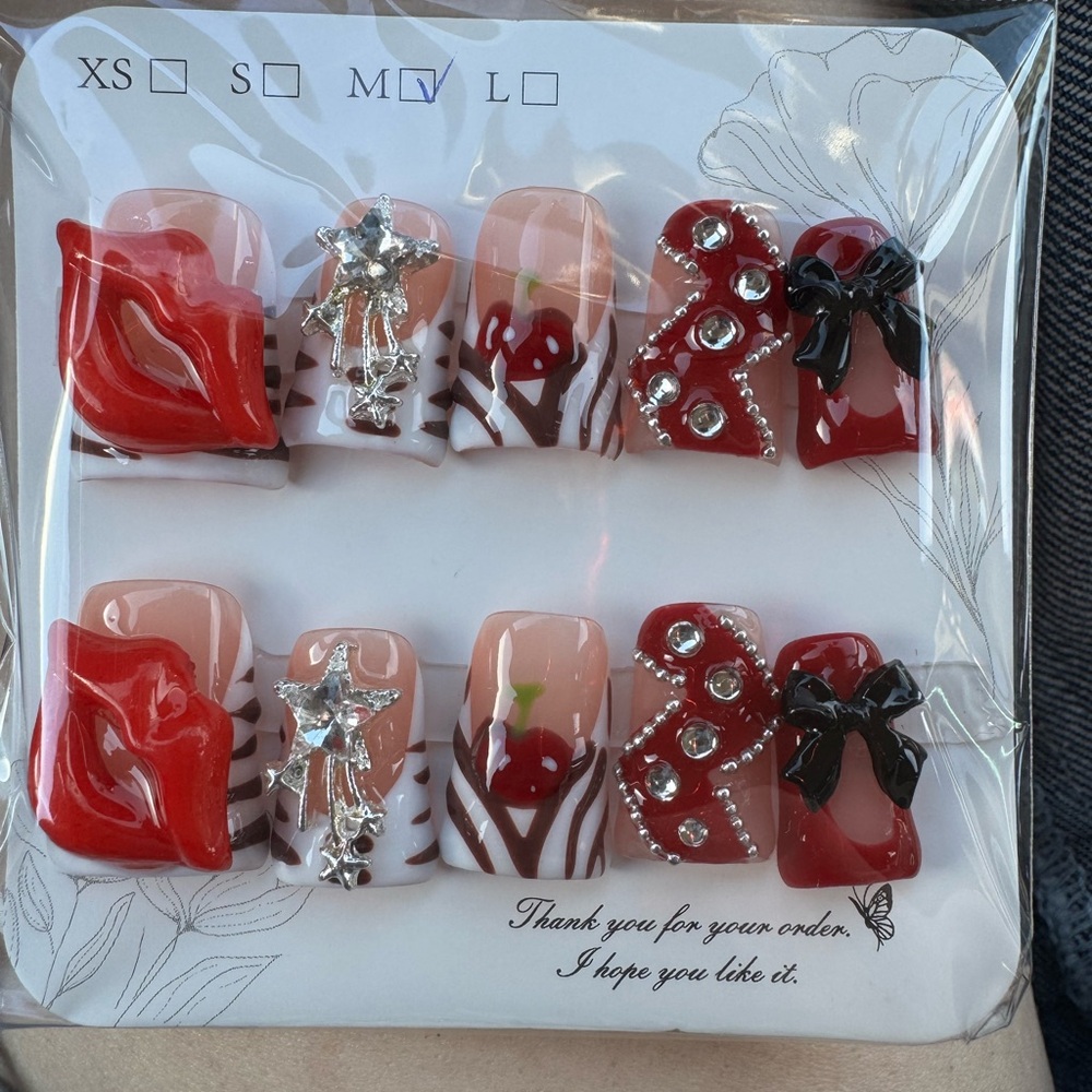 Red and White Nail Art Set with Rhinestones